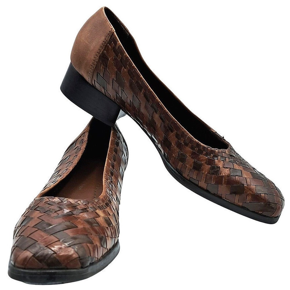 Vtg Trotters Woven Leather Loafers Shoes Women 6.5 N Brown Square Toe Block Heel